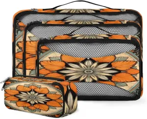 4 Set Packing Cubes for Suitcases, Travel Essentials for Carry on Luggage, Orange Mandala Suitcase Organizers for Clothes Shoes Toiletries Travel Accessories in 4 Sizes - Retro Mandala