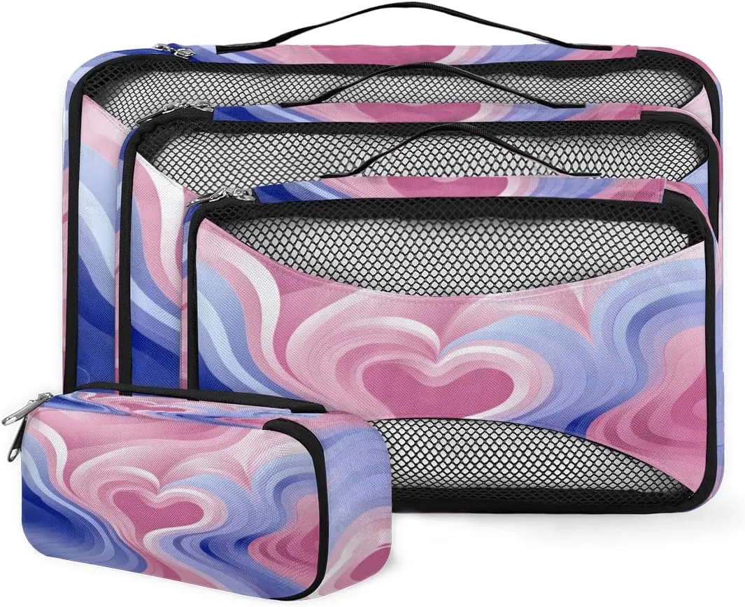 4 Set Packing Cubes for Suitcases, Travel Essentials for Carry on Luggage, Pink Heart Suitcase Organizers for Clothes Shoes Toiletries Travel Accessories in 4 Sizes - Tie Dyeing