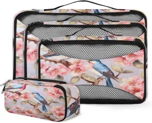 4 Set Packing Cubes for Suitcases, Travel Essentials for Carry on Luggage, Pretty Birds Suitcase Organizers for Clothes Shoes Toiletries Travel Accessories in 4 Sizes - Colorful Bird