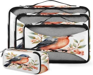 4 Set Packing Cubes for Suitcases, Travel Essentials for Carry on Luggage, Pretty Birds Suitcase Organizers for Clothes Shoes Toiletries Travel Accessories in 4 Sizes - Retro Bird