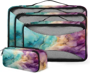4 Set Packing Cubes for Suitcases, Travel Essentials for Carry on Luggage, Purple Gold Marble Suitcase Organizers for Clothes Shoes Toiletries Travel Accessories in 4 Sizes - Colorful Marble