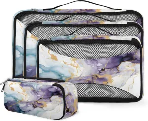 4 Set Packing Cubes for Suitcases, Travel Essentials for Carry on Luggage, Purple Gold Marble Suitcase Organizers for Clothes Shoes Toiletries Travel Accessories in 4 Sizes - Graffiti Marble