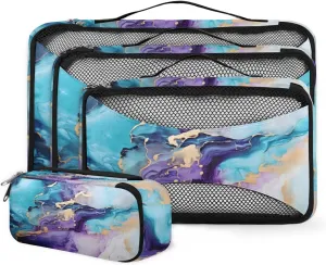 4 Set Packing Cubes for Suitcases, Travel Essentials for Carry on Luggage, Purple Gold Marble Suitcase Organizers for Clothes Shoes Toiletries Travel Accessories in 4 Sizes - Watercolor Marble