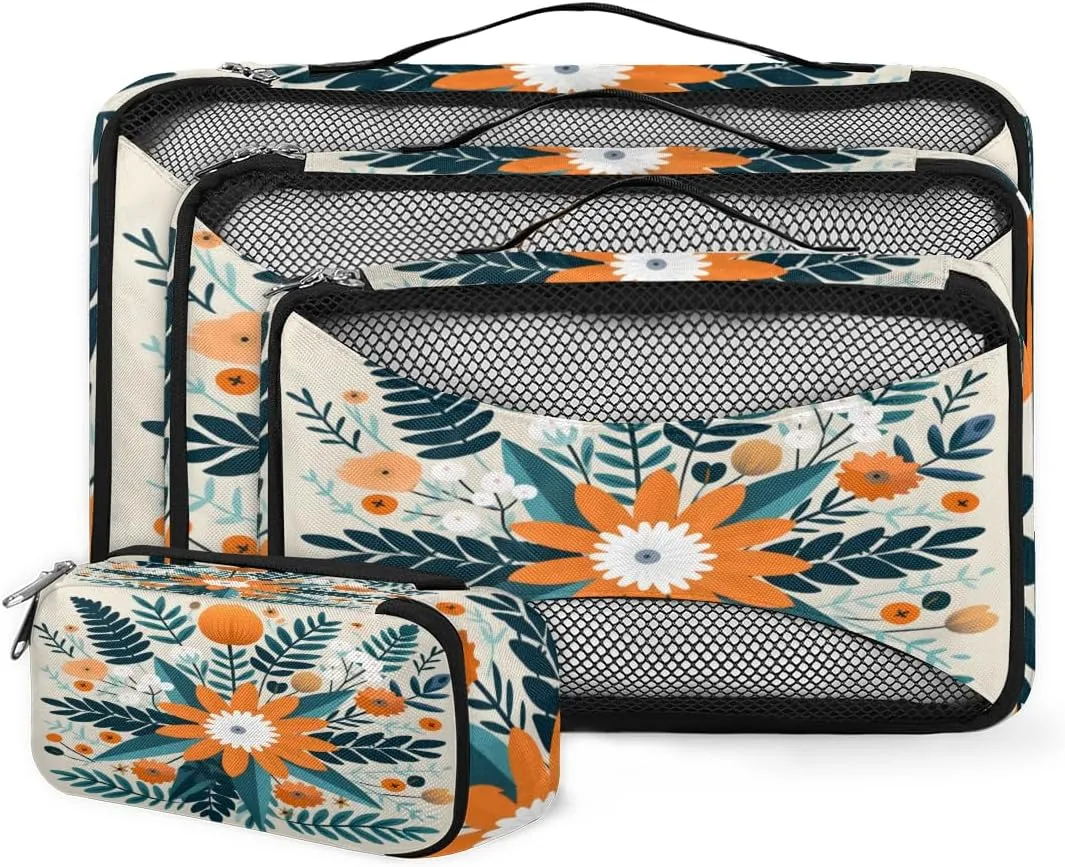 4 Set Packing Cubes for Suitcases, Travel Essentials for Carry on Luggage, Retro Flowers Suitcase Organizers for Clothes Shoes Toiletries Travel Accessories in 4 Sizes - Abstract Flowers