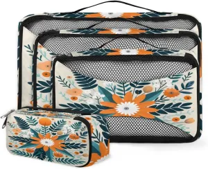 4 Set Packing Cubes for Suitcases, Travel Essentials for Carry on Luggage, Retro Flowers Suitcase Organizers for Clothes Shoes Toiletries Travel Accessories in 4 Sizes - Abstract Flowers