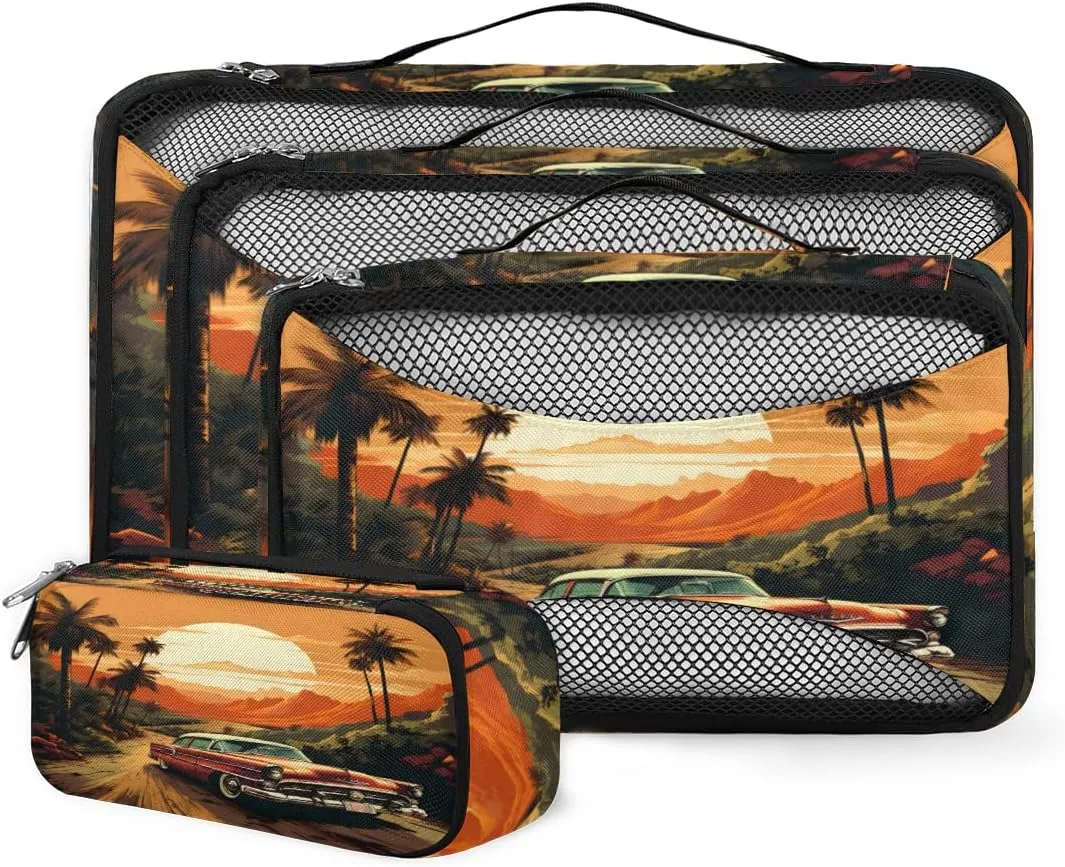4 Set Packing Cubes for Suitcases, Travel Essentials for Carry on Luggage, Retro Truck Suitcase Organizers for Clothes Shoes Toiletries Travel Accessories in 4 Sizes - Coastal Beach Truck
