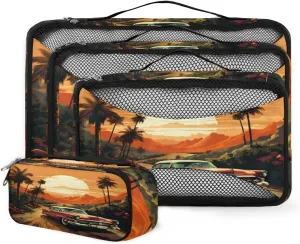 4 Set Packing Cubes for Suitcases, Travel Essentials for Carry on Luggage, Retro Truck Suitcase Organizers for Clothes Shoes Toiletries Travel Accessories in 4 Sizes - Coastal Beach Truck