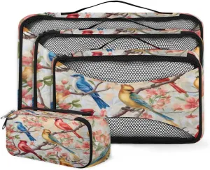 4 Set Packing Cubes for Suitcases, Travel Essentials for Carry on Luggage, Romantic Bird Suitcase Organizers for Clothes Shoes Toiletries Travel Accessories in 4 Sizes - Colorful Bird