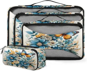 4 Set Packing Cubes for Suitcases, Travel Essentials for Carry on Luggage, Romantic Flower Suitcase Organizers for Clothes Shoes Toiletries Travel Accessories in 4 Sizes - Oil Painting Flower