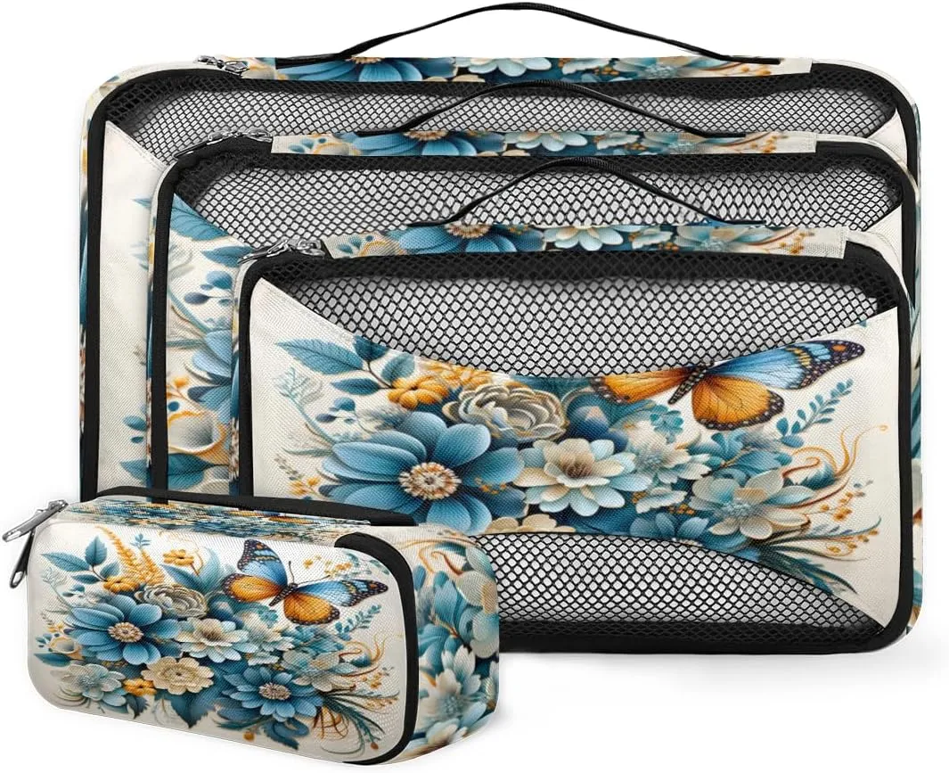 4 Set Packing Cubes for Suitcases, Travel Essentials for Carry on Luggage, Romantic Flower Suitcase Organizers for Clothes Shoes Toiletries Travel Accessories in 4 Sizes - Oil Painting Flower