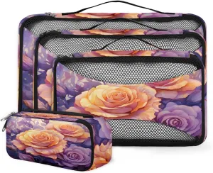 4 Set Packing Cubes for Suitcases, Travel Essentials for Carry on Luggage, Romantic Rose Suitcase Organizers for Clothes Shoes Toiletries Travel Accessories in 4 Sizes - Fantastic Rose
