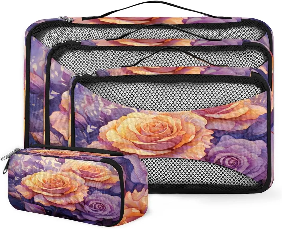 4 Set Packing Cubes for Suitcases, Travel Essentials for Carry on Luggage, Romantic Rose Suitcase Organizers for Clothes Shoes Toiletries Travel Accessories in 4 Sizes - Fantastic Rose