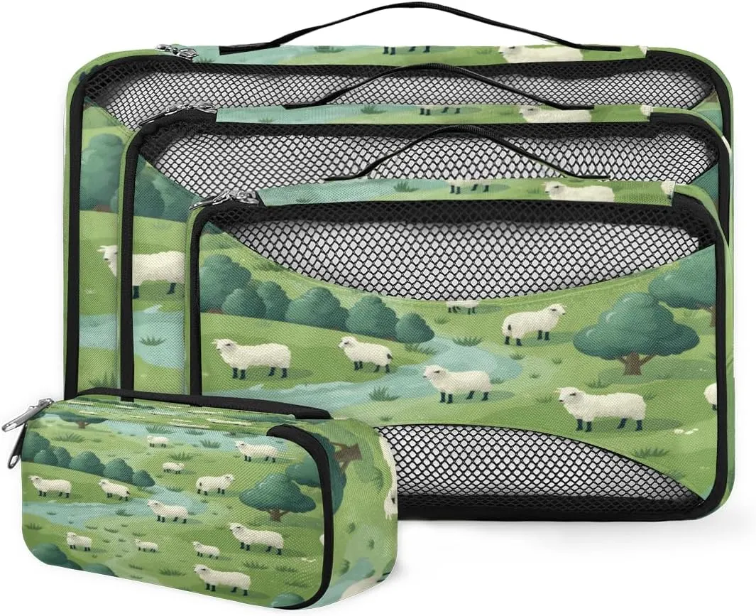 4 Set Packing Cubes for Suitcases, Travel Essentials for Carry on Luggage, Steppe Tree Suitcase Organizers for Clothes Shoes Toiletries Travel Accessories in 4 Sizes - Cute Sheep