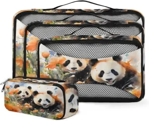 4 Set Packing Cubes for Suitcases, Travel Essentials for Carry on Luggage, Suitcase Organizers for Clothes Shoes Toiletries Travel Accessories in 4 Sizes - Panda in Wild Floral