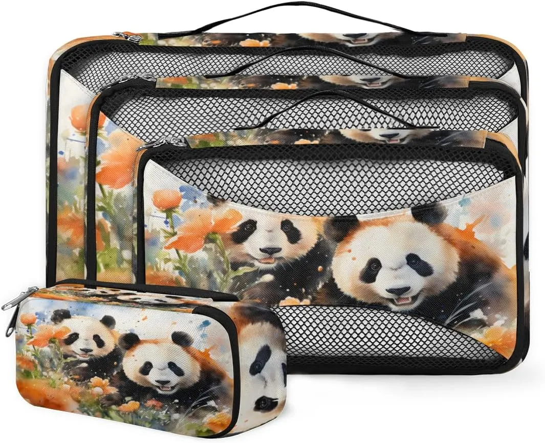 4 Set Packing Cubes for Suitcases, Travel Essentials for Carry on Luggage, Suitcase Organizers for Clothes Shoes Toiletries Travel Accessories in 4 Sizes - Panda in Wild Floral
