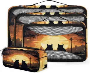 4 Set Packing Cubes for Suitcases, Travel Essentials for Carry on Luggage, Sunset Cat Suitcase Organizers for Clothes Shoes Toiletries Travel Accessories in 4 Sizes - Abstract Cat