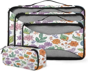4 Set Packing Cubes for Suitcases, Travel Essentials for Carry on Luggage, Varicolored Flowers Suitcase Organizers for Clothes Shoes Toiletries Travel Accessories in 4 Sizes - Cute Flowers