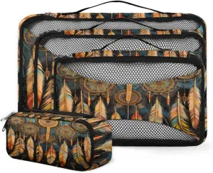 4 Set Packing Cubes for Suitcases, Travel Essentials for Carry on Luggage, Vintage Feather Suitcase Organizers for Clothes Shoes Toiletries Travel Accessories in 4 Sizes - Dream Catcher