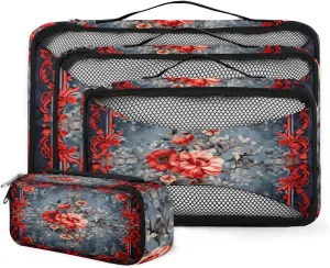 4 Set Packing Cubes for Suitcases, Travel Essentials for Carry on Luggage, Vintage Flower Suitcase Organizers for Clothes Shoes Toiletries Travel Accessories in 4 Sizes - Rich Damask