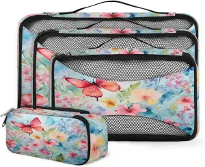 4 Set Packing Cubes for Suitcases, Travel Essentials for Carry on Luggage, Watercolor Butterfly Suitcase Organizers for Clothes Shoes Toiletries Travel Accessories in 4 Sizes - Abstract Butterfly