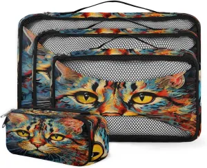 4 Set Packing Cubes for Suitcases, Travel Essentials for Carry on Luggage, Watercolor Cat Suitcase Organizers for Clothes Shoes Toiletries Travel Accessories in 4 Sizes - Cute Cat