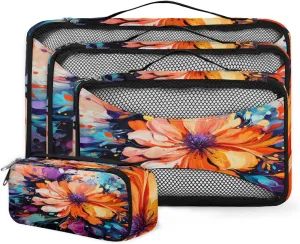 4 Set Packing Cubes for Suitcases, Travel Essentials for Carry on Luggage, Watercolor Flower Suitcase Organizers for Clothes Shoes Toiletries Travel Accessories in 4 Sizes - Lively Flower