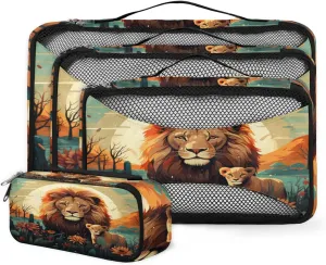 4 Set Packing Cubes for Suitcases, Travel Essentials for Carry on Luggage, Watercolor Lion Suitcase Organizers for Clothes Shoes Toiletries Travel Accessories in 4 Sizes - Jungle Lion