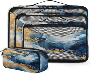 4 Set Packing Cubes for Suitcases, Travel Essentials for Carry on Luggage, Watercolor Marble Suitcase Organizers for Clothes Shoes Toiletries Travel Accessories in 4 Sizes - Blue Gold Marble