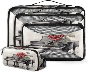 4 Set Packing Cubes for Suitcases, Travel Essentials for Carry on Luggage, Watercolor Piano Suitcase Organizers for Clothes Shoes Toiletries Travel Accessories in 4 Sizes - Rose Piano