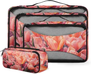 4 Set Packing Cubes for Suitcases, Travel Essentials for Carry on Luggage, Watercolor Tulips Suitcase Organizers for Clothes Shoes Toiletries Travel Accessories in 4 Sizes - Flowers Tulips