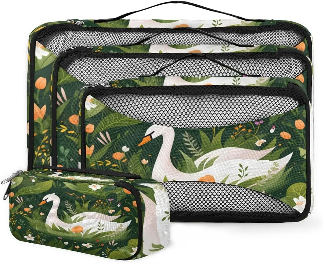 4 Set Packing Cubes for Suitcases, Travel Essentials for Carry on Luggage, White Swan Suitcase Organizers for Clothes Shoes Toiletries Travel Accessories in 4 Sizes - Swan in Tussock