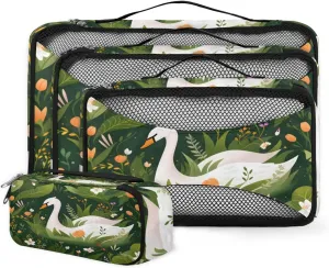 4 Set Packing Cubes for Suitcases, Travel Essentials for Carry on Luggage, White Swan Suitcase Organizers for Clothes Shoes Toiletries Travel Accessories in 4 Sizes - Swan in Tussock