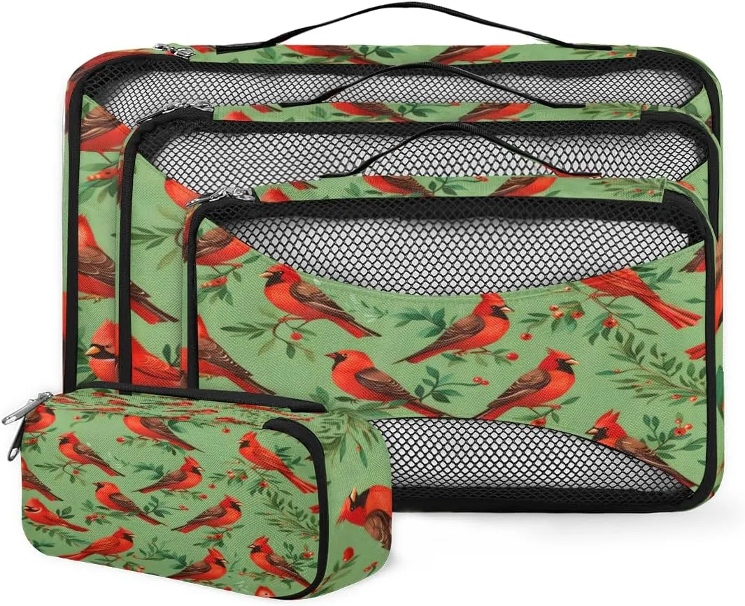4 Set Packing Cubes for Suitcases, Travel Essentials for Carry on Luggage, Xmas Red Berries Suitcase Organizers for Clothes Shoes Toiletries Travel Accessories in 4 Sizes - Cardinal Bird