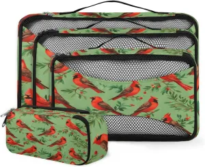 4 Set Packing Cubes for Suitcases, Travel Essentials for Carry on Luggage, Xmas Red Berries Suitcase Organizers for Clothes Shoes Toiletries Travel Accessories in 4 Sizes - Cardinal Bird