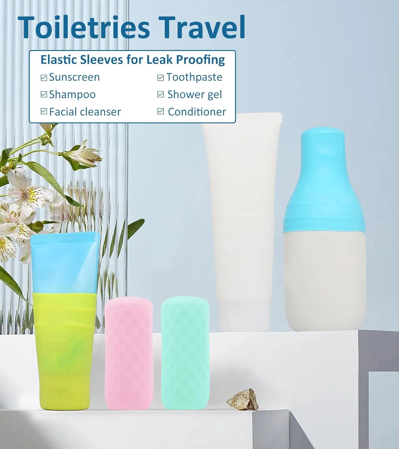 5 Pack Travel Essentials Accessories Silicone Bottle Covers, Cruise Essentials, Beach Vacation Essentials for Women Men, Elastic Sleeves for Leak Proofing, Fit Travel Size Bottles Toiletries