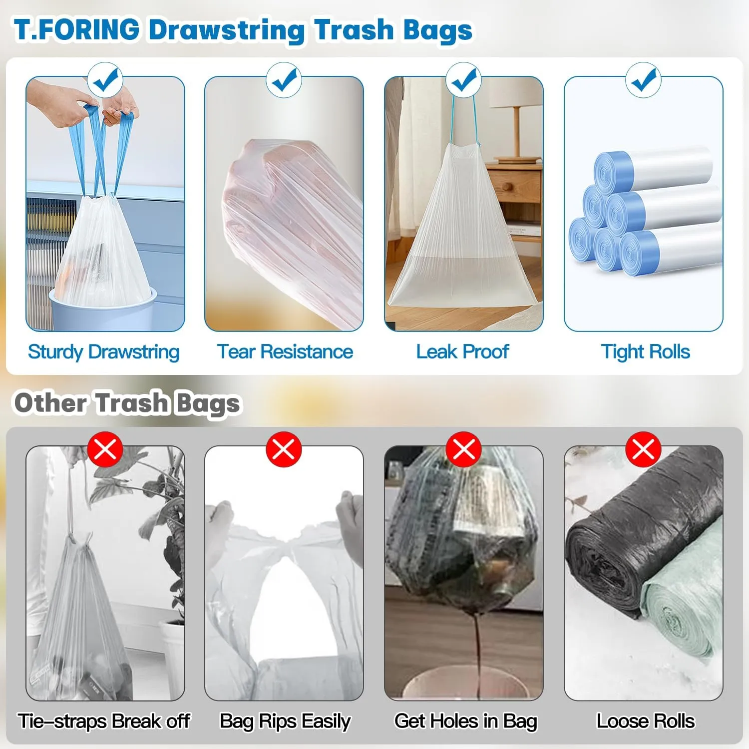 8 Gallon Trash Bags Drawstring 1.2 Mil - 100 Count White Medium Garbage Bags Unscented, 30 Liter Thick Plastic Trash Can Liners for Home Kitchen Bathroom