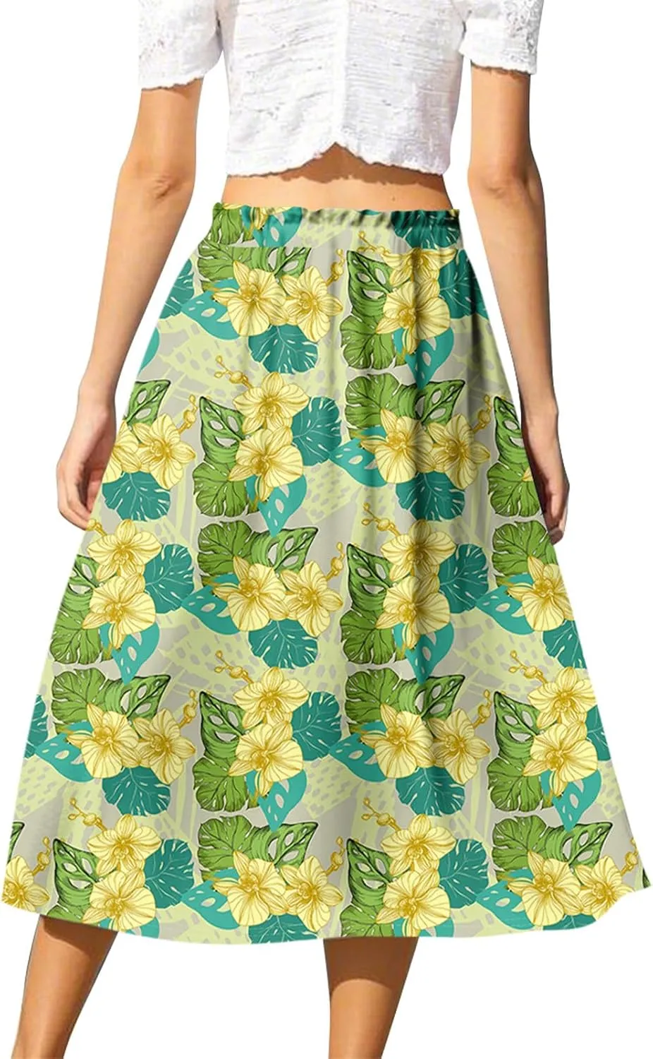 ADHOWBEW Boho Skirts for Women Beach A Line Plus Size Flowy High Waisted Cute Casual Midi Length Ruffle Trendy Spring Skirts