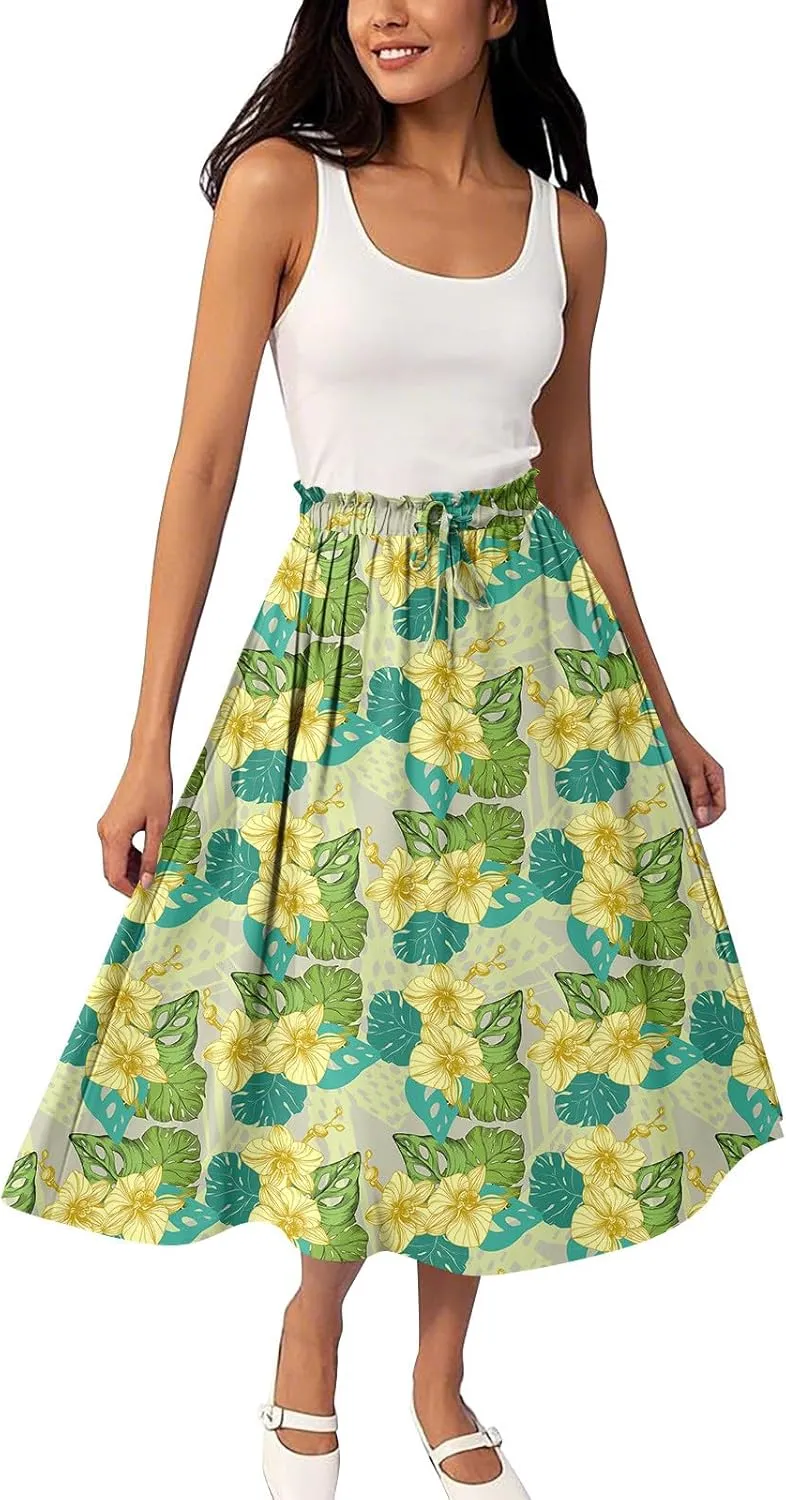 ADHOWBEW Boho Skirts for Women Beach A Line Plus Size Flowy High Waisted Cute Casual Midi Length Ruffle Trendy Spring Skirts