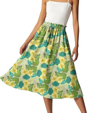 ADHOWBEW Boho Skirts for Women Beach A Line Plus Size Flowy High Waisted Cute Casual Midi Length Ruffle Trendy Spring Skirts