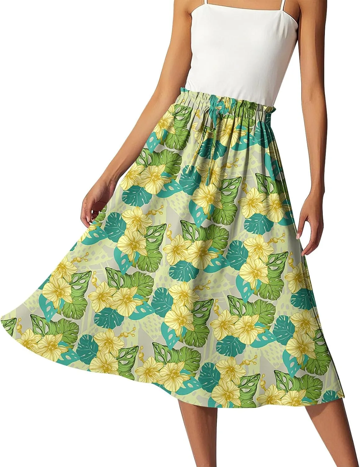 ADHOWBEW Boho Skirts for Women Beach A Line Plus Size Flowy High Waisted Cute Casual Midi Length Ruffle Trendy Spring Skirts