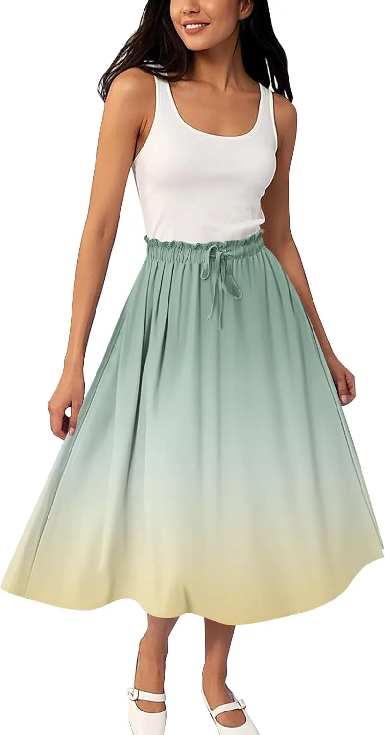 ADHOWBEW Long Skirts for Women A Line Midi Length Ruffle Plus Size Trendy High Waisted Cute Casual Flowy Beach Spring Skirts