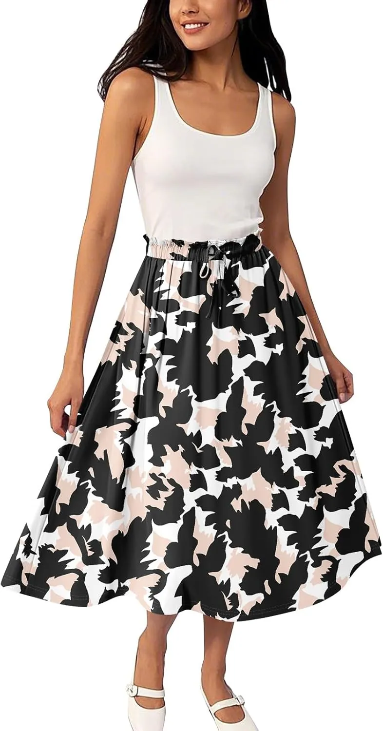 ADHOWBEW Maxi Skirts for Women Beach High Waisted A Line Ruffle Casual Cute Flowy Trendy Midi Length Plus Size Summer Skirts