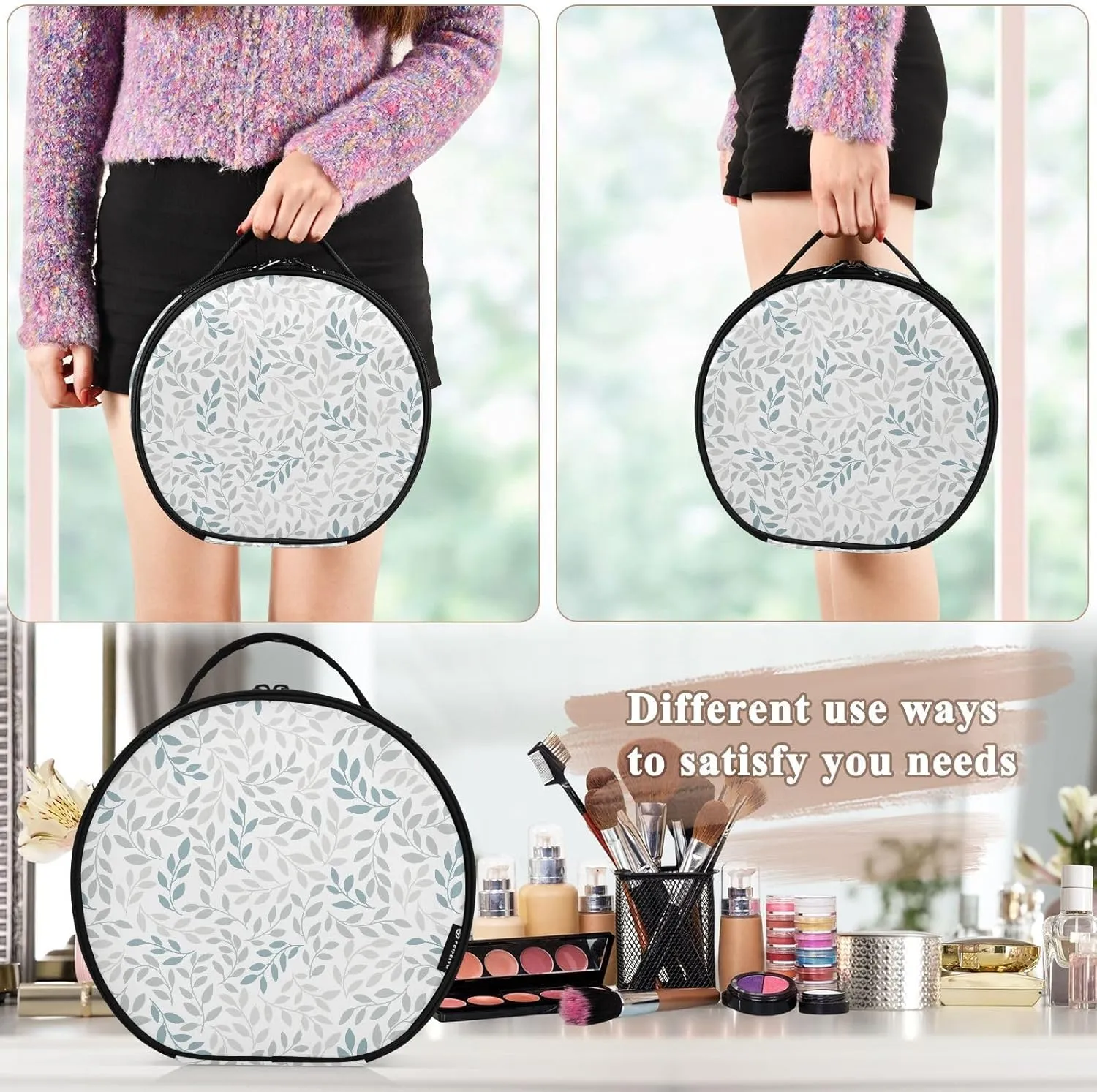 ALAZA Grey and Blue Leaves Branches Travel Makeup Train Case Makeup Cosmetic Case with Adjustable Dividers
