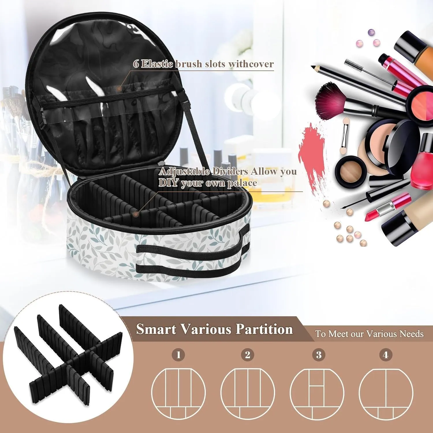 ALAZA Grey and Blue Leaves Branches Travel Makeup Train Case Makeup Cosmetic Case with Adjustable Dividers