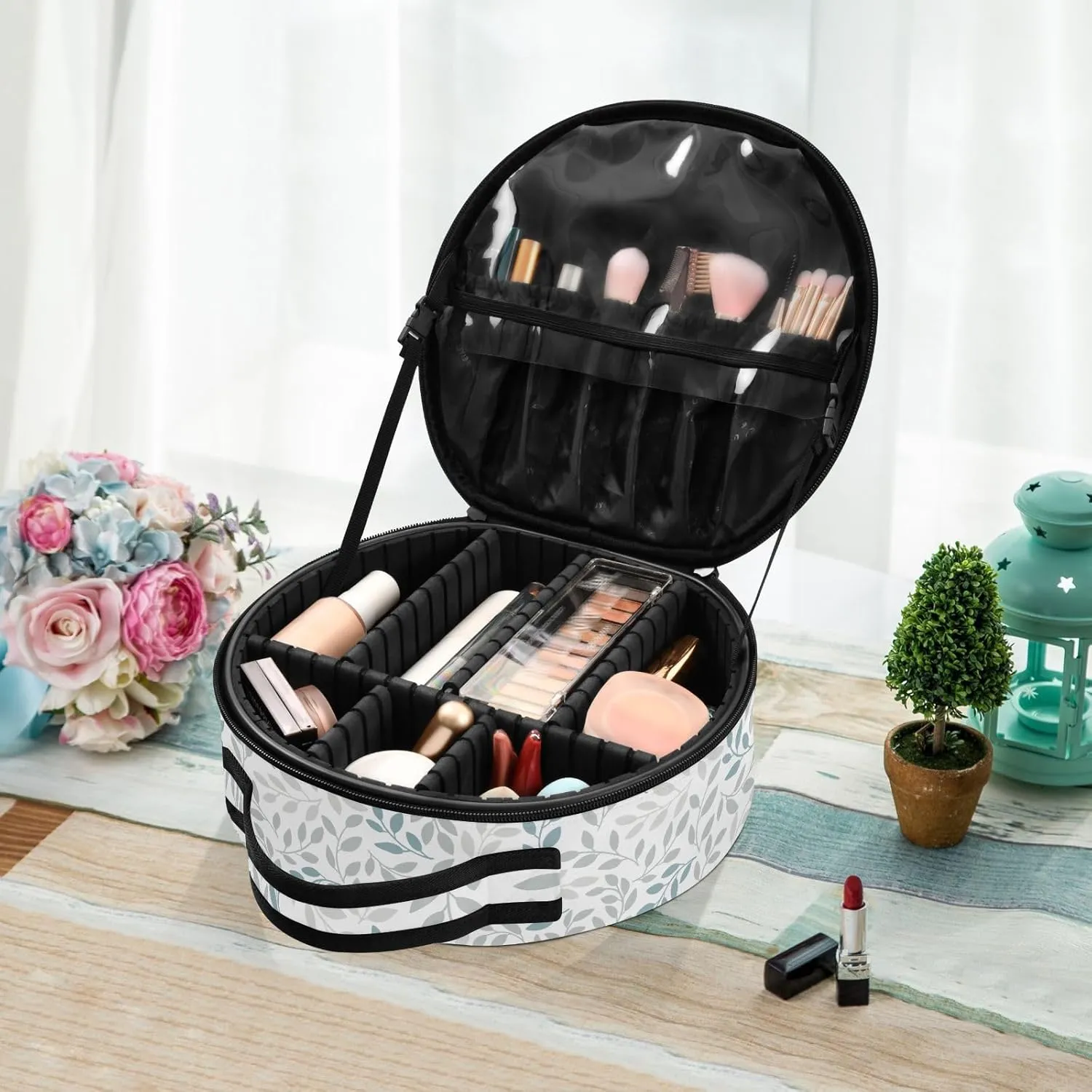 ALAZA Grey and Blue Leaves Branches Travel Makeup Train Case Makeup Cosmetic Case with Adjustable Dividers