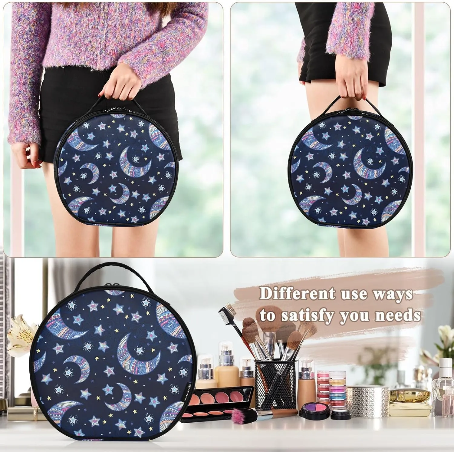 ALAZA Night Stars Crescent Moon Portable Cosmetic Bag Large Capacity Travel Makeup Case Organizer