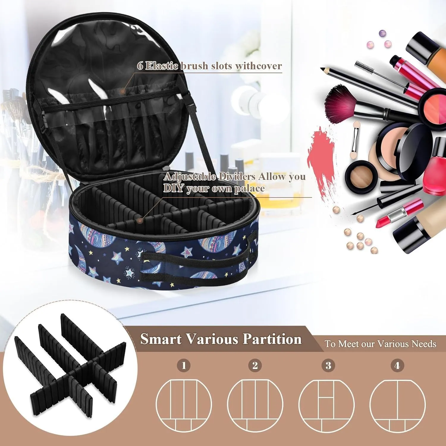 ALAZA Night Stars Crescent Moon Portable Cosmetic Bag Large Capacity Travel Makeup Case Organizer