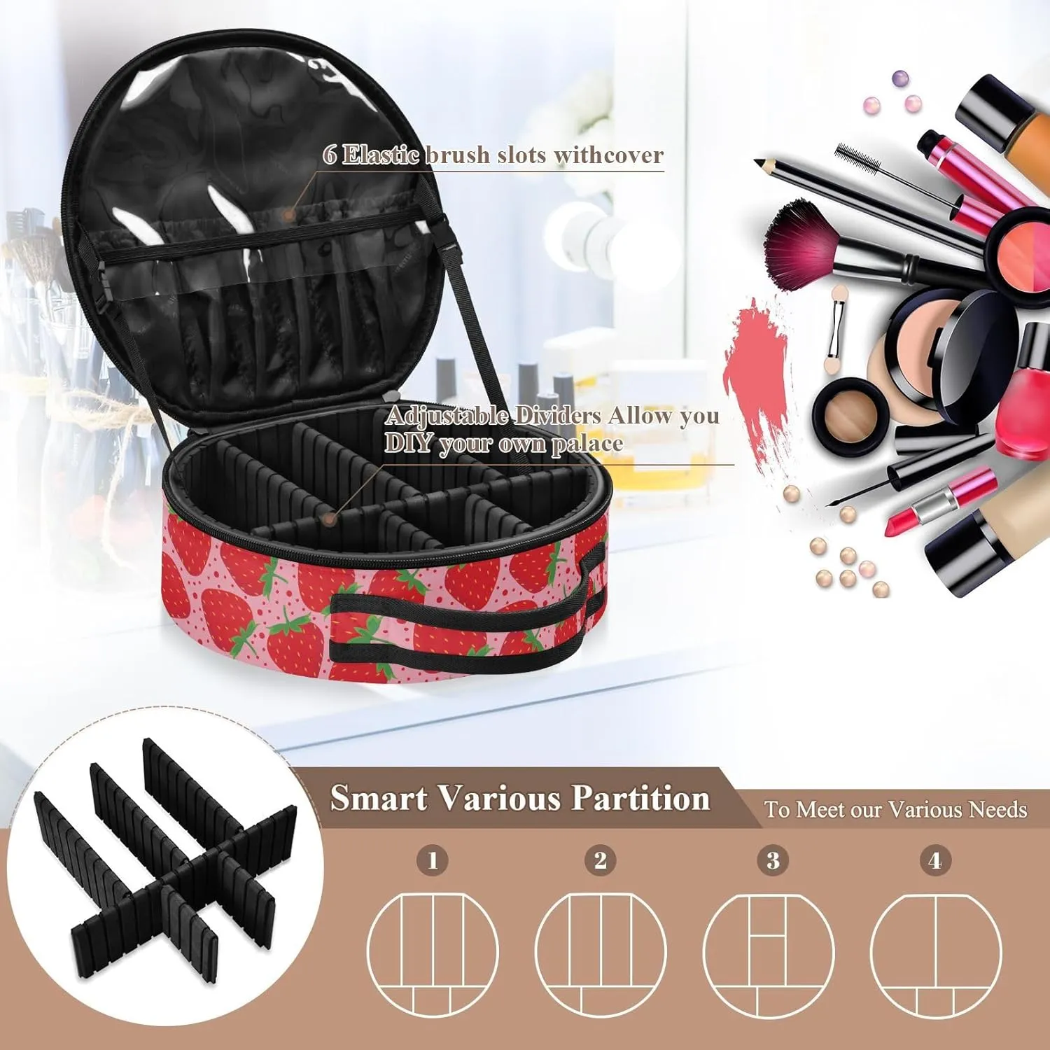 ALAZA Strawberry on Pink Makeup Bag Travel Cosmetic Bag Large Toiletry Organizer
