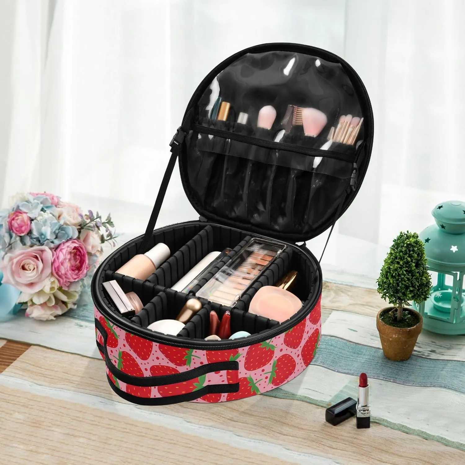 ALAZA Strawberry on Pink Makeup Bag Travel Cosmetic Bag Large Toiletry Organizer