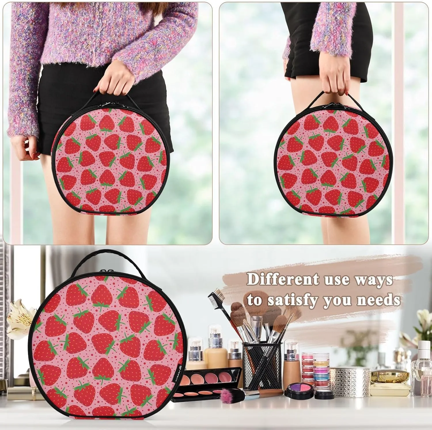 ALAZA Strawberry on Pink Makeup Bag Travel Cosmetic Bag Large Toiletry Organizer